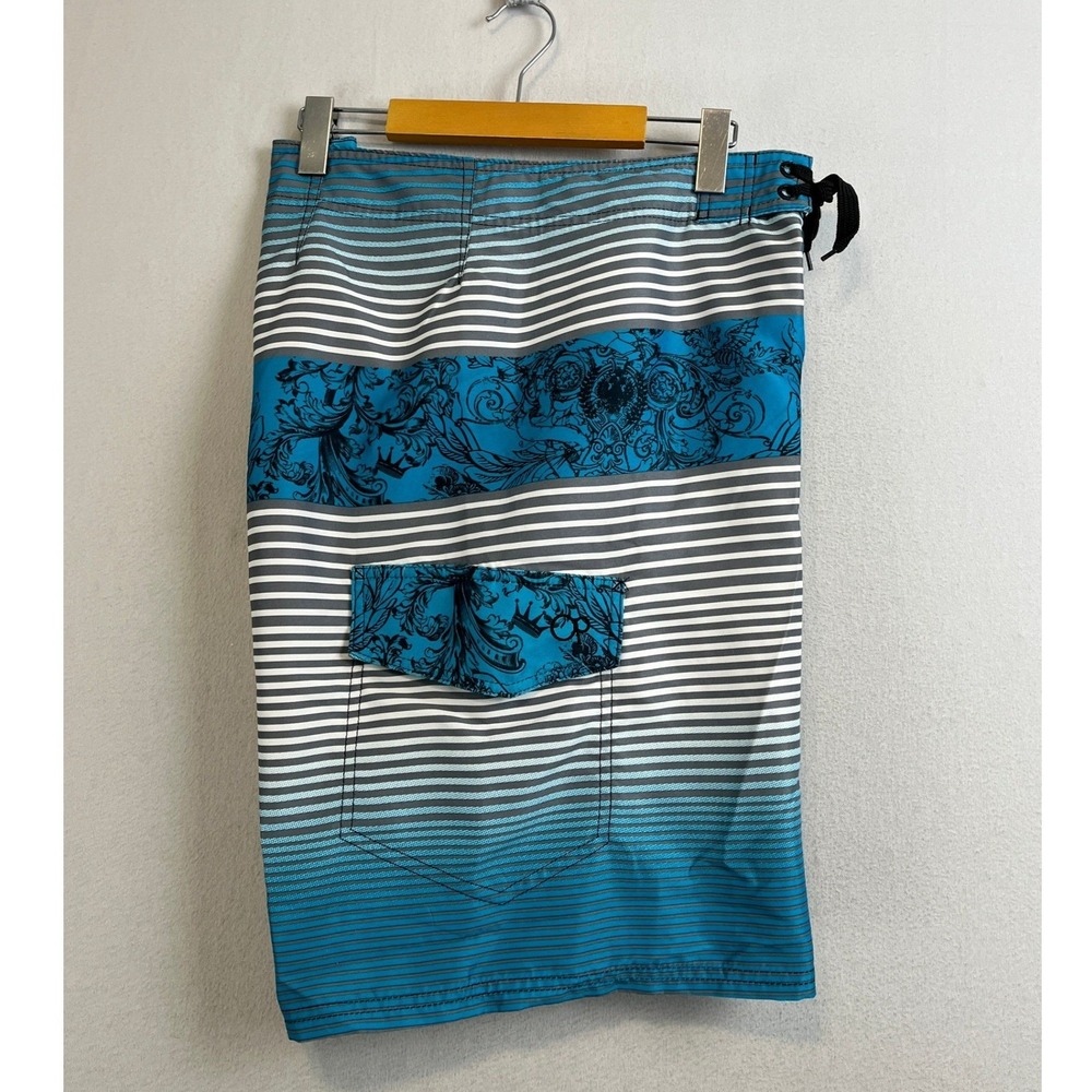 Y2K OP Ocean Pacific Mens Blue Striped Floral Filigree Board Shorts Size 34 - Picture 5 of 6